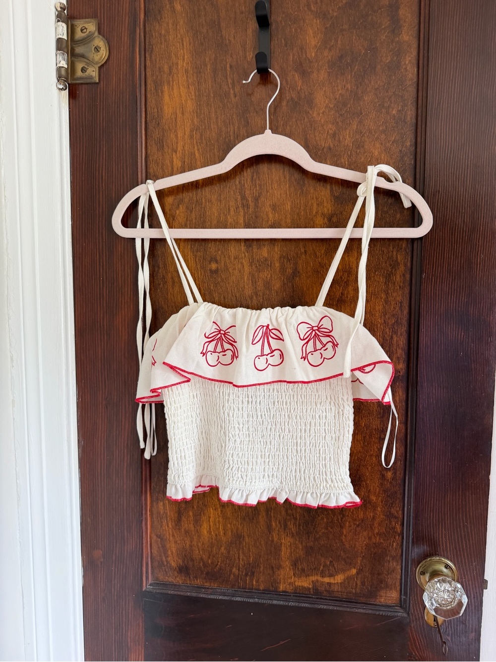 Smocked Tie-Shoulder Cherry Embroidered Crop Top - Cream/Red